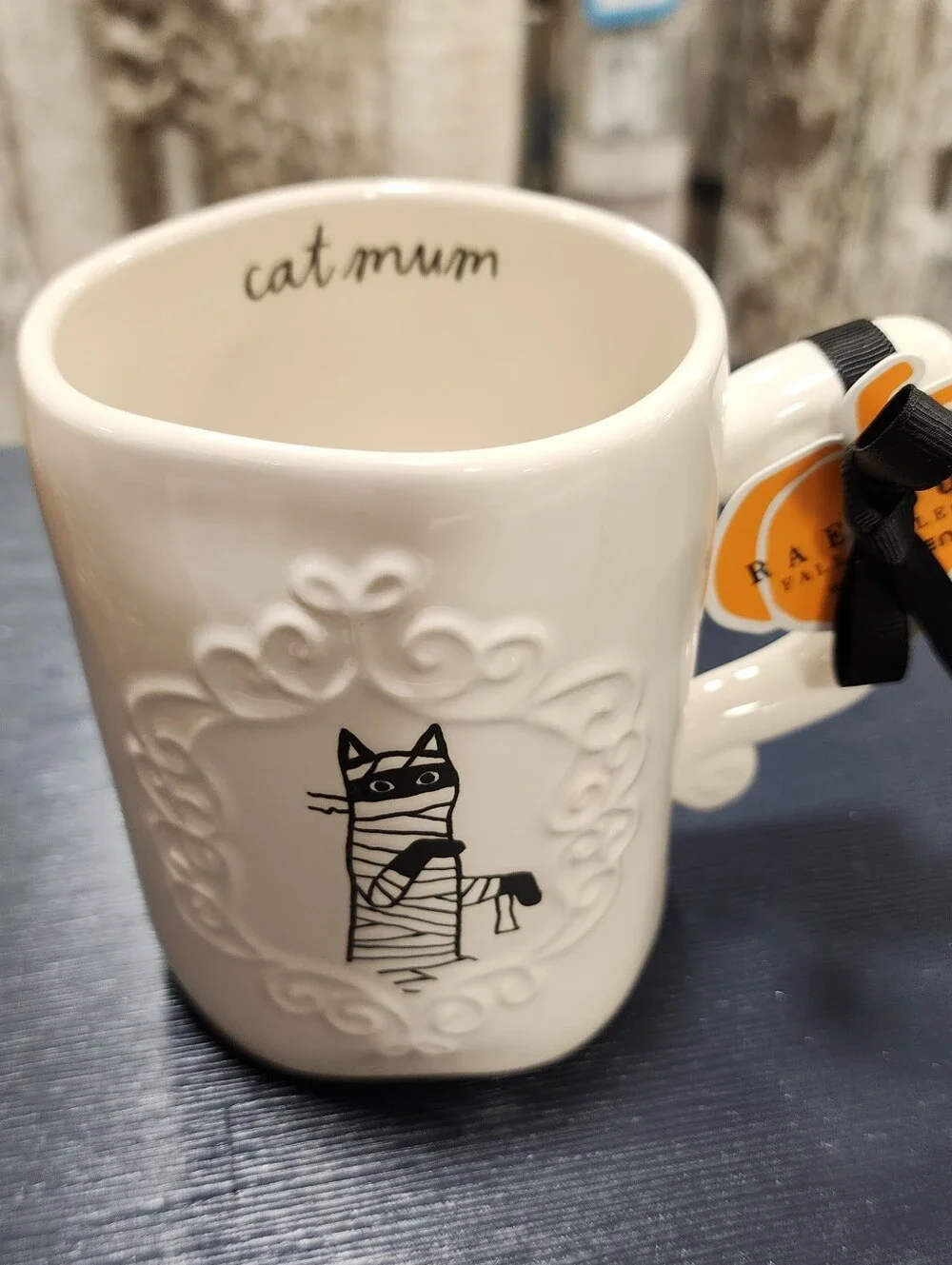 Rae Dunn White Ceramic Cat Mum Mug with Black Cat Illustration